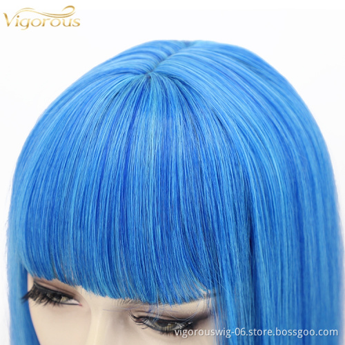 Cheap Wholesale Short Bob Wig With Bangs Mono Blue Bob Wig Heat Resistant Synthetic Straight Wave Full Head Hair Wig For Women